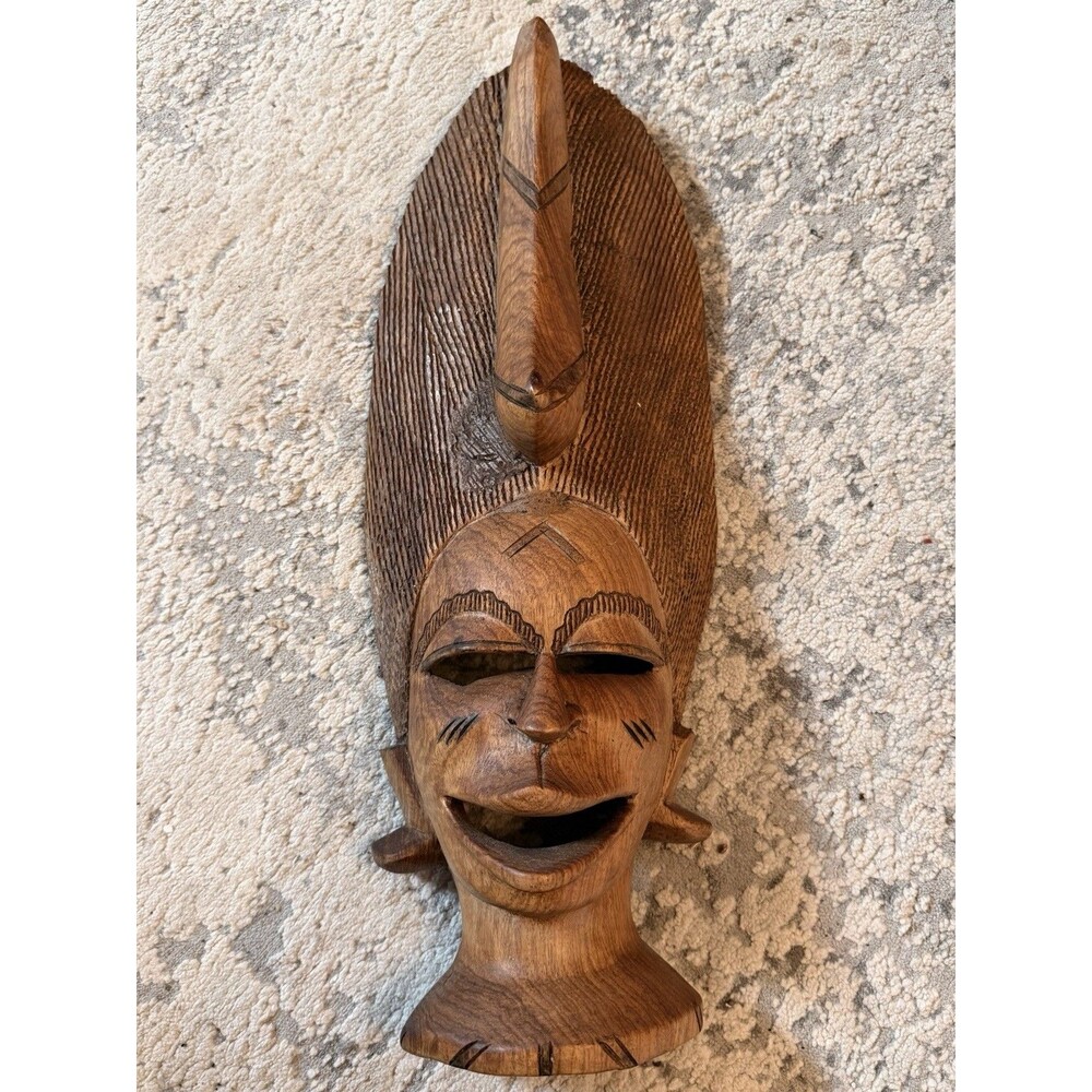 Hand Carved Wood African Style Mask 20” Antelope Animal Wall Art Vintage